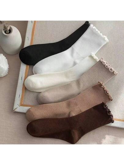 أحذية أوكسفورد حريمي 6 أزواج جوارب متوسطة الطول مرتفعة للنساء، بأكمام مموجة متعددة الألوان، مثالية للتناسق مع أحذية لوفرز وأكسفورد، وجوارب كيوت بطراز الموضة اليابانية والثقافة الشعبية على الإنترنت