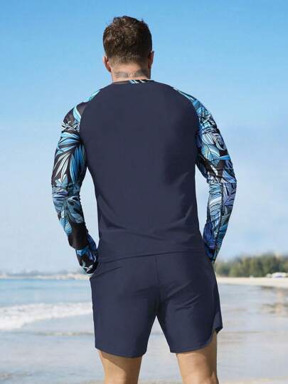 Manfinity Swimmode 2 قطعة بدلة سباحة للرجال بنقشة استوائية وتصميم تكعيبي، هاواي