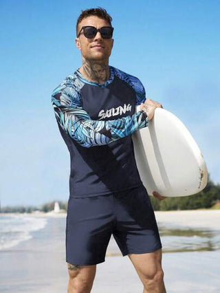 Manfinity Swimmode 2 قطعة بدلة سباحة للرجال بنقشة استوائية وتصميم تكعيبي، هاواي