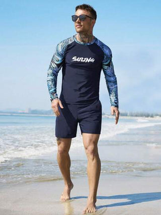 Manfinity Swimmode 2 قطعة بدلة سباحة للرجال بنقشة استوائية وتصميم تكعيبي، هاواي