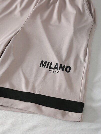 SHEIN Genkimix Kids مجموعة من 2 قطعة ملابس أولاد كاجوال رياضية، تي شيرت بأكمام قصيرة بطباعة حرفية وشورت بخصر مطاطي بطباعة حرفية، مناسبة لأنشطة كرة السلة في الصيف