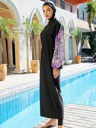 بوركيني - بدلة سباحة للمرأة المسلمة 3 قطع من البدلة الإسلامية الكاملة المطبوعة بأكمام طويلة مع قبعة، للارتداء في الشاطئ