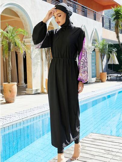 بوركيني - بدلة سباحة للمرأة المسلمة 3 قطع من البدلة الإسلامية الكاملة المطبوعة بأكمام طويلة مع قبعة، للارتداء في الشاطئ