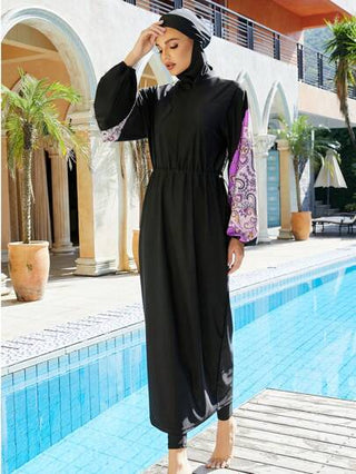 بوركيني - بدلة سباحة للمرأة المسلمة 3 قطع من البدلة الإسلامية الكاملة المطبوعة بأكمام طويلة مع قبعة، للارتداء في الشاطئ