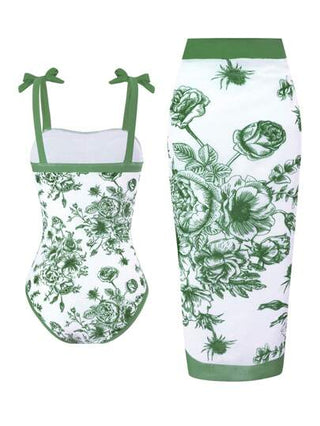 مجموعة من قطعتين من الزي السباحة البورسلاني المطبوع بنقش الفتيات الجميل مع تنورة طويلة من الشيفون (رسم مسبق)