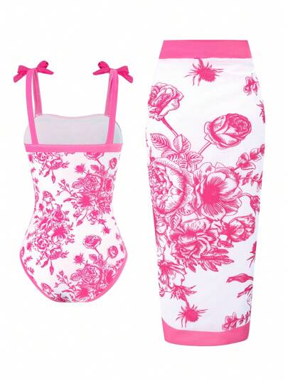 مجموعة بقطعتين ملابس سباحة للبنات بطبعة خزفية جميلة، قطعة سباحة واحدة القطعة وتنورة سباحة طويلة من الشيفون