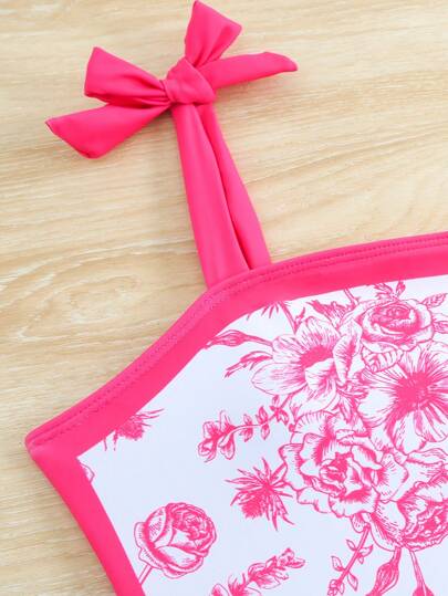 مجموعة بقطعتين ملابس سباحة للبنات بطبعة خزفية جميلة، قطعة سباحة واحدة القطعة وتنورة سباحة طويلة من الشيفون