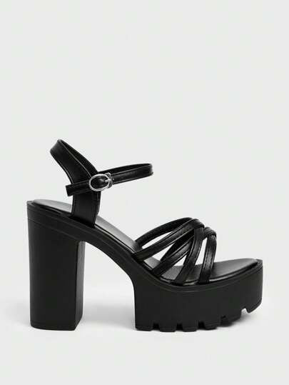 Sugerpunk حذاء كعب عالي أسود للسيدات، كعب سميك مفتوح الأصبع أحذية رسمية مع رباط الكاحل، مناسب للعمل الرسمي والحفلات