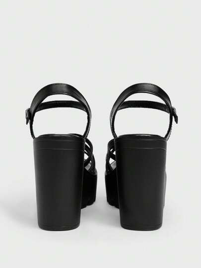 Sugerpunk حذاء كعب عالي أسود للسيدات، كعب سميك مفتوح الأصبع أحذية رسمية مع رباط الكاحل، مناسب للعمل الرسمي والحفلات