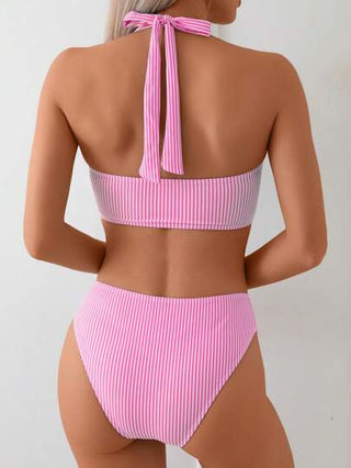 طقم تانكيني حريمي Swim Basics مجموعة تنكرية 2 قطعة للنساء لفصل الربيع، طبعة شريطية عشوائية مع تصميم متقاطع للخلف وقاعدة مناسبة للطقس الصيفي والشاطئ