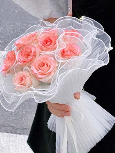 4 ياردات من ورق الزهور للتغليف المزخرف بالخيط الشبكي المتجعد الموجي والخرز، لتعبئة الباقات والورود و تغليف هدايا عيد الحب والأعراس وعيد الأم والتخرج، مستلزمات الزهور والهدايا