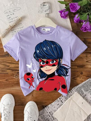 تيشيرتات بناتي Miraculous Ladybug X تي شيرت كاجوال قصير الأكمام للفتيات المراهقات، ببطبعة شخصية كرتونية جذابة بالون البنفسجي، مناسب للصيف