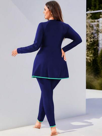 Swim Mulvari بوركيني مصنوع للنساء ذوات الأحجام الكبيرة بأكمام طويلة وبنطلون طويل ذو طباعة عشوائية، بذوق محافظ على الطراز الشرق أوسطي