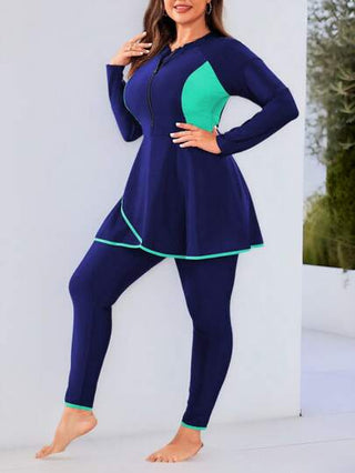 Swim Mulvari بوركيني مصنوع للنساء ذوات الأحجام الكبيرة بأكمام طويلة وبنطلون طويل ذو طباعة عشوائية، بذوق محافظ على الطراز الشرق أوسطي