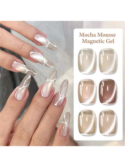 MEET ACROSS 6 قطعة/ طقم طلاء أظافر جيلي بتأثير عين القط مع عصا مغناطيسية، طلاء أظافر جيلي مغناطيسي ذو تأثير بلوري لعين القط معزز بالأشعة فوق البنفسجية، طقم منيكير وأعمال فنية للأظافر للاستخدام المنزلي وصالون