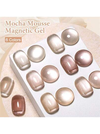 MEET ACROSS 6 قطعة/ طقم طلاء أظافر جيلي بتأثير عين القط مع عصا مغناطيسية، طلاء أظافر جيلي مغناطيسي ذو تأثير بلوري لعين القط معزز بالأشعة فوق البنفسجية، طقم منيكير وأعمال فنية للأظافر للاستخدام المنزلي وصالون