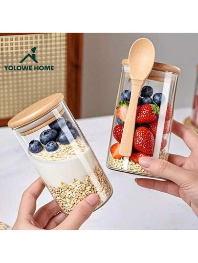 1/10/12 علبة زجاجية 9.5 أونصة مع غطاء خشبي من البامبو، منظم المطبخ وأوعية التخزين، حاويات للشوفان اللذيذ، تنظيم المنزل، فم واسع، وعاء القهوة، قناني التوابل، الشواء، حاويات للحفلات