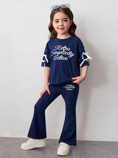 تيشيرتات بناتي 2 قطعة مجموعة بنطلون واسع وقميص فضفاض مطبوع عليه حرف مَنسوجة للفتيات