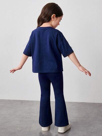 تيشيرتات بناتي 2 قطعة مجموعة بنطلون واسع وقميص فضفاض مطبوع عليه حرف مَنسوجة للفتيات