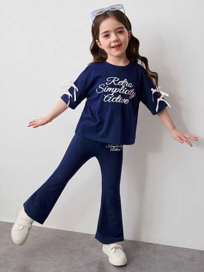 تيشيرتات بناتي 2 قطعة مجموعة بنطلون واسع وقميص فضفاض مطبوع عليه حرف مَنسوجة للفتيات