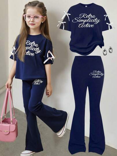 تيشيرتات بناتي 2 قطعة مجموعة بنطلون واسع وقميص فضفاض مطبوع عليه حرف مَنسوجة للفتيات