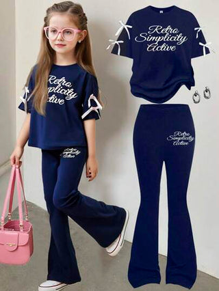 تيشيرتات بناتي 2 قطعة مجموعة بنطلون واسع وقميص فضفاض مطبوع عليه حرف مَنسوجة للفتيات