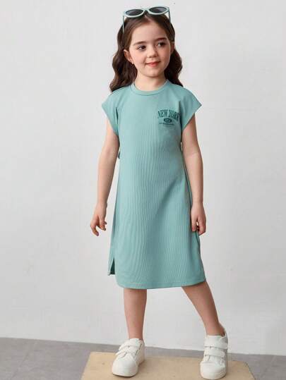 تيشيرتات بناتي فستان محبوك مطبوع عليه حرف بتناسق على شكل ظهر مفتوح للفتيات بلون سادة