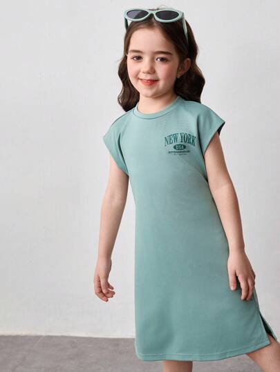 تيشيرتات بناتي فستان محبوك مطبوع عليه حرف بتناسق على شكل ظهر مفتوح للفتيات بلون سادة