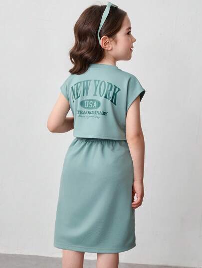 تيشيرتات بناتي فستان محبوك مطبوع عليه حرف بتناسق على شكل ظهر مفتوح للفتيات بلون سادة