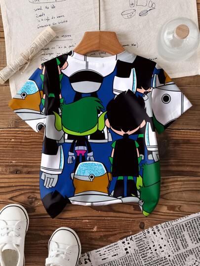 Teen Titans Go X SHEIN تي شيرت كم قصير بطباعة الرسوم المتحركة للأولاد الصغار