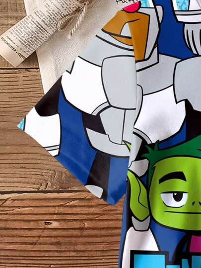 Teen Titans Go X SHEIN تي شيرت كم قصير بطباعة الرسوم المتحركة للأولاد الصغار