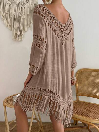 Breezaya فستان نسائي فضفاض بأكمام 3/4 مصنوع يدويًا بتقنية الكروشيه للعطلات