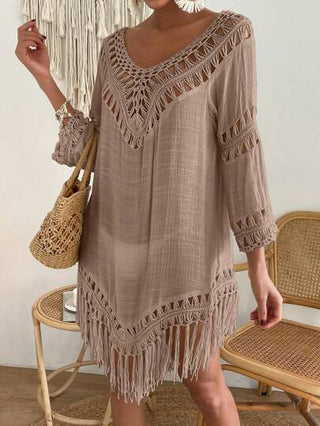 Breezaya فستان نسائي فضفاض بأكمام 3/4 مصنوع يدويًا بتقنية الكروشيه للعطلات