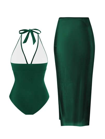 Swim Oasis قطعة واحدة من ملابس السباحة قياس كبير باللون الأحادي مزين بلمسات معدنية مع تنورة غطاء ، ملابس استخدام يومي/شاطئ بسيطة للنساء ، صيف