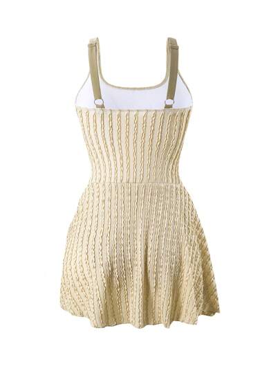 Swim Chiccia مايوه قطعة واحدة من نوع لبيس محتشم من خامة خاصة بلون بيج مع أشرطة رفيعة، تنورة للتغطية، أنيق وبسيط مناسب للصيف للسيدات بالإضافات الحجمية