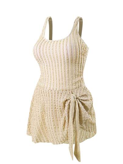 Swim Chiccia مايوه قطعة واحدة من نوع لبيس محتشم من خامة خاصة بلون بيج مع أشرطة رفيعة، تنورة للتغطية، أنيق وبسيط مناسب للصيف للسيدات بالإضافات الحجمية