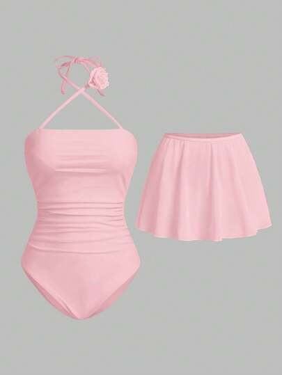 مايوه حريمي قطعة واحدة Sweetra قطعة واحدة ملابس سباحة أنيقة نمط قصر للمرأة الشابة بتصميم زهري على الرقبة، لحفلات الزفاف والأعياد بلون عاجي