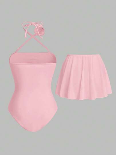 مايوه حريمي قطعة واحدة Sweetra قطعة واحدة ملابس سباحة أنيقة نمط قصر للمرأة الشابة بتصميم زهري على الرقبة، لحفلات الزفاف والأعياد بلون عاجي