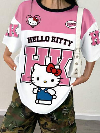 HELLO KITTY AND FRIENDS | تيشيرت أكمام قصيرة رقبة دائرية فضفاض مع طباعة كرتونية، مريح وعصري للرياضة، بالوردي والأبيض، مناسب للربيع والصيف، للنساء