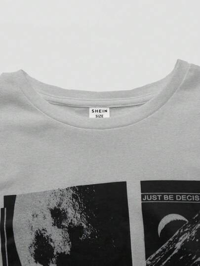 SHEIN مجموعة تي شيرت وبنطلون مطبوعين بعناصر الفضاء لمراهقين الأولاد، كاجوال، قطعتين، تناسب السفر وفصول الانتقال