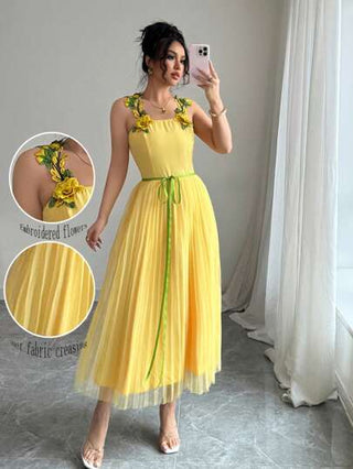 Rafferiza فستان أناقة أنيق مزين بالتطريز الزهري بنمط A-Line بحمالات نحيفة، باللون الأصفر، مناسب للربيع والصيف