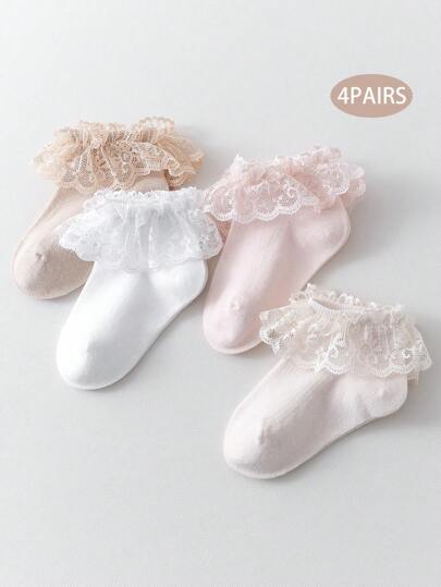 4 أزواج من جوارب رضيع من الشباك القابلة للتنفس، جوارب رضع واسعة الملاءمة مع تطريز دانتيل، مناسبة للرقص والكاجوال والاستخدام اليومي في ربيع/صيف
