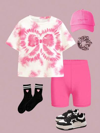 girls-sets مجموعة تي شيرت قصير الأكمام فضفاض وشورت بتصميم ربطة قبعة متموج للبنات المراهقات، صيفي، 2 قطعة/المجموعة