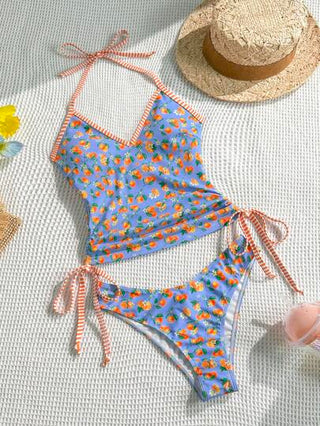 طقم تانكيني حريمي Swim Vcay بكيني برباط رفيع عشوائي الطباعة مكشكش ذو قطع عالٍ وإباحي، ملابس علوية القميص للصيف