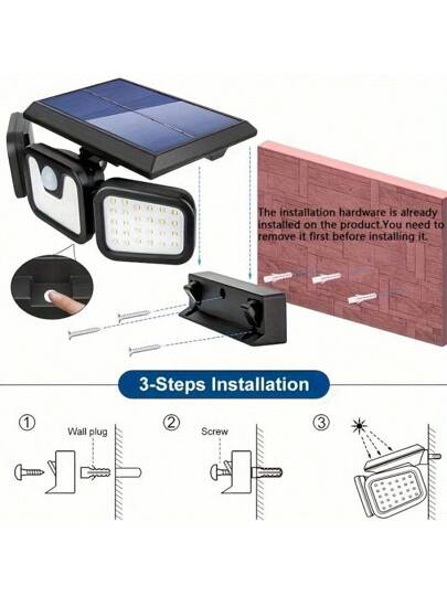 2 قطعة/قطعة واحدة من أنوار الشمس الخارجية، أضواء الفيضان بتقنية LED للطاقة الشمسية مع مستشعر للحركة، تصميم قابل للفصل ثلاثي الرأس، مناسب لساحة المنزل والفيلا والحديقة والمسار والسور والإضاءة الجدارية، أضواء شمسية خارجية