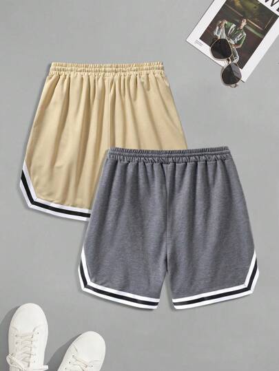 2 قطعة شورتات رياضية للرجال، بلون بيج ورمادي غامق، للارتداء اليومي الكاجوال