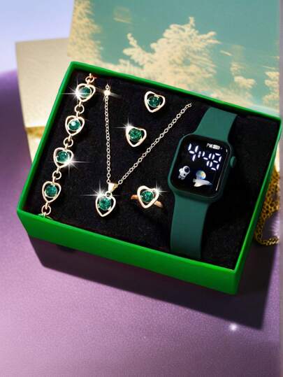 6 قطع/مجموعة ساعة شباب حديثة وبسيطة وجذابة مزينة بشكل المربع والقلب المرصع بالراين، متضمنة قلادة، سوار، أقراط، خواتم، هدايا للأطفال وعيد الأم