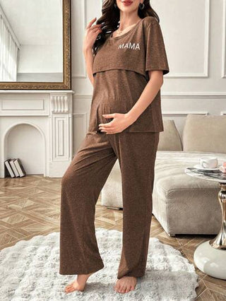 Shein Underwear&Sleepwear Maternity بيجاما حمل بتصميم رضاعة طبعات حرفية وسراويل أكمام قصيرة، طقم بيجاما عادي