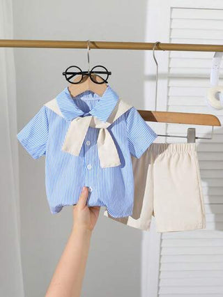 Genkimix Kids طقم قميص مخطط وشورت صيفي رسمي للأولاد الصغار 2 حبة