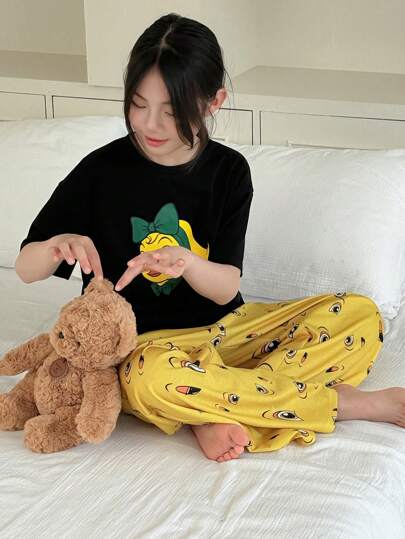 بيجاما DAZY بيجامة تتألف من تي شيرت أكمام قصيرة بياقة طاقم وبنطلون للبنات في مرحلة المراهقة المبكرة